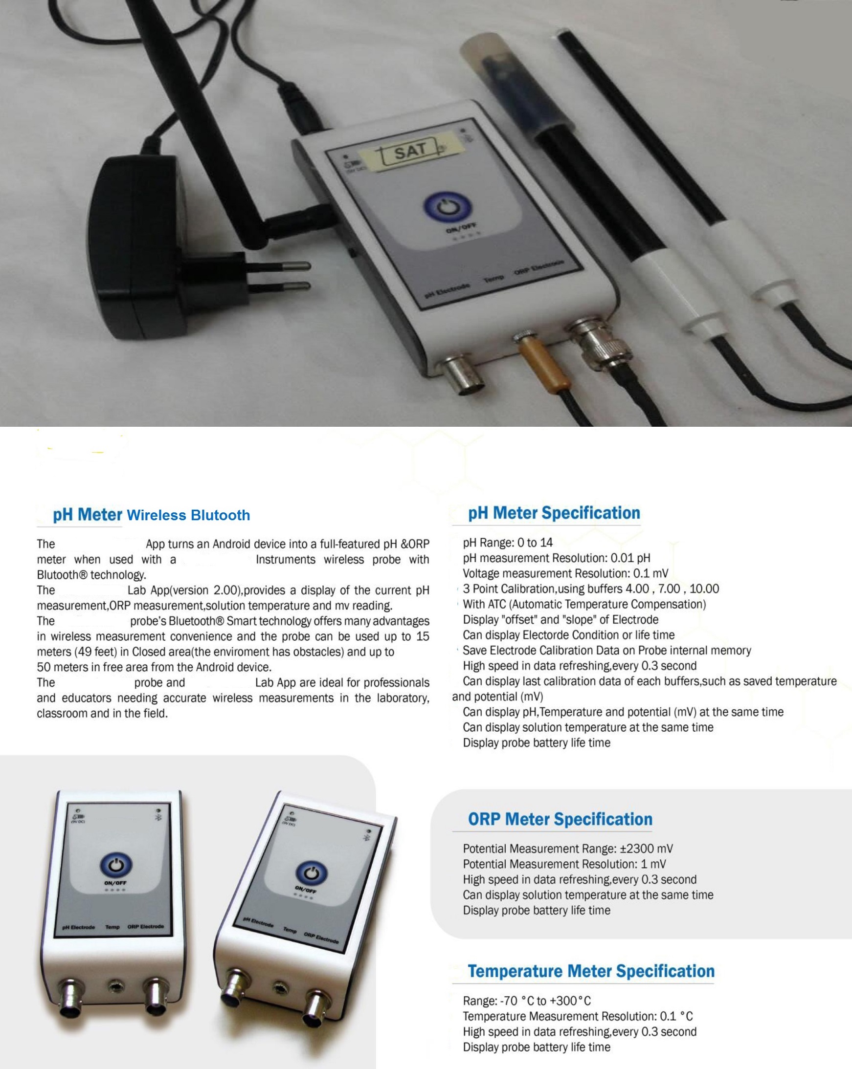 pH & ORP Meter SAT 502 B Portable Wireless Bluetooth  