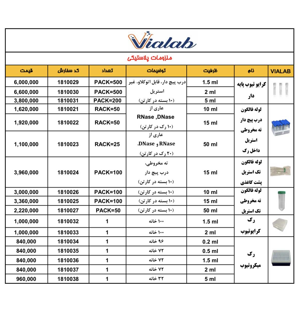فروش ویژه* انواع لوله فالکون ، میکروتیوب ، نوک سمپلر فیلتر دار و‌ مصرفی سلولی و مولکولی* 